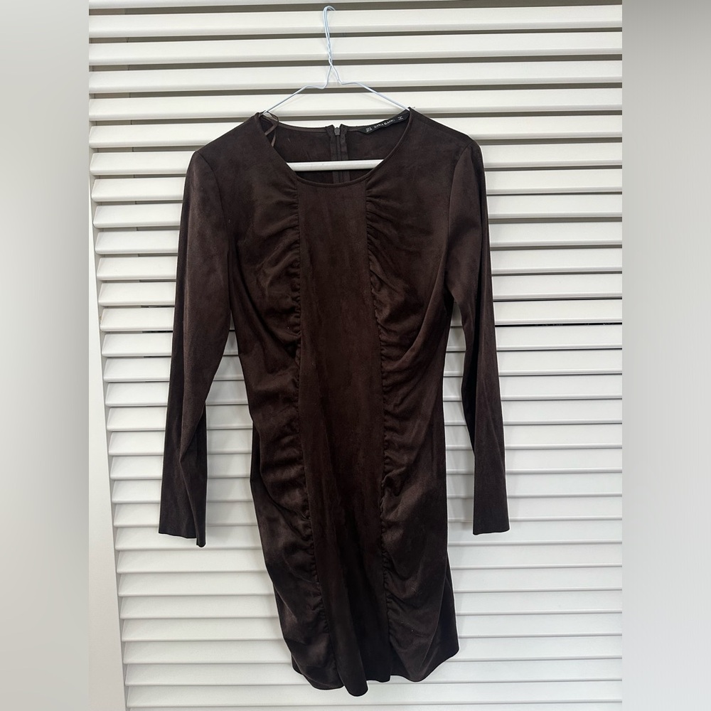 Zara Suede Dark Brown Long Sleeve Dress